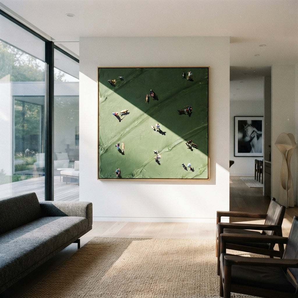 Gathering on the Green - aerial figures painting shown in modern room setting 5