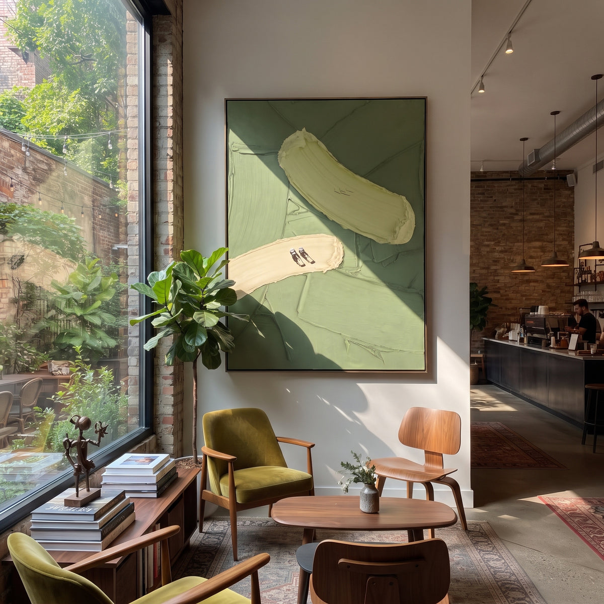 Sandbars Across Green - aerial field painting shown in modern room setting 5