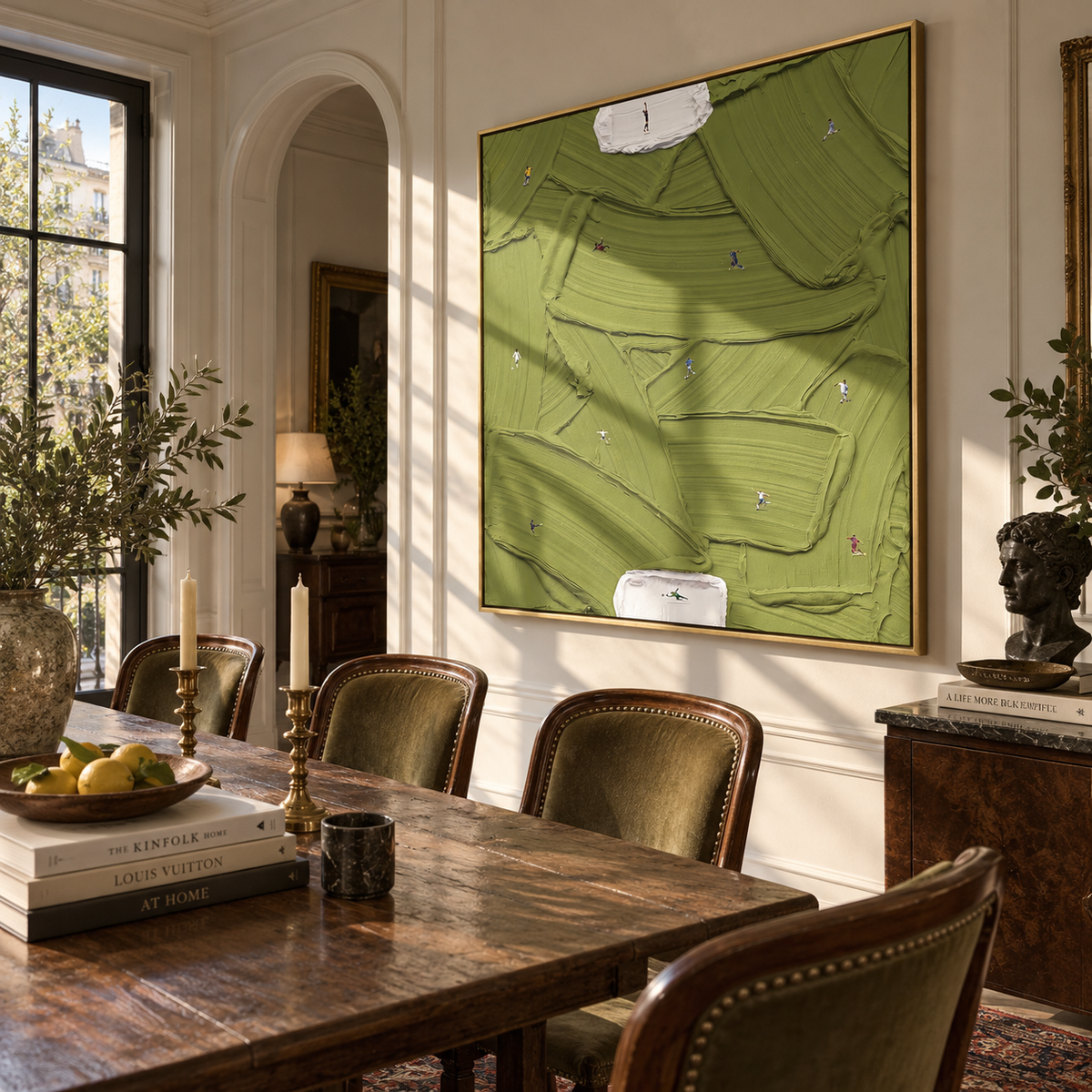 White Islands in Olive - abstract green painting displayed in a styled interior