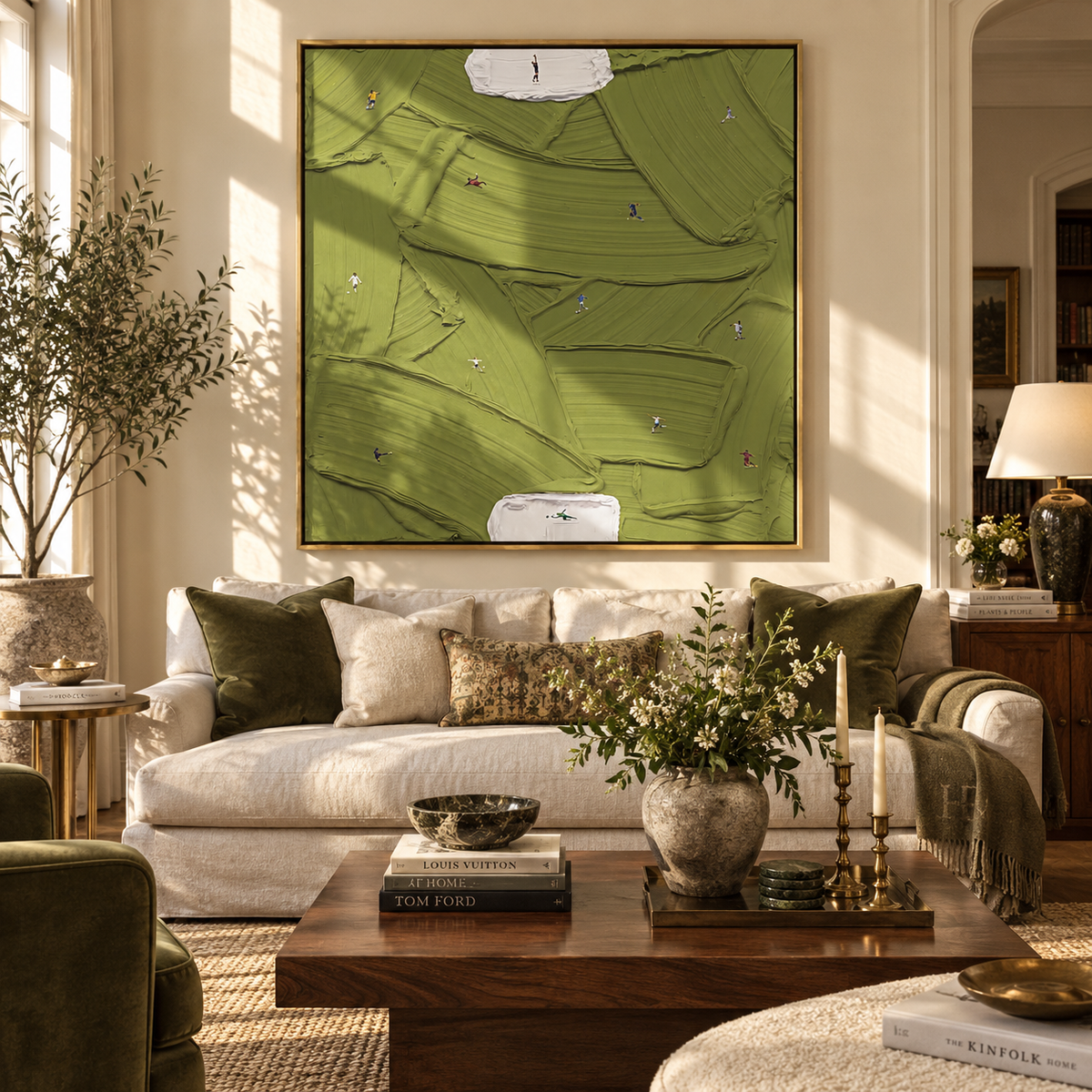 White Islands in Olive - abstract green painting shown in modern room setting 2