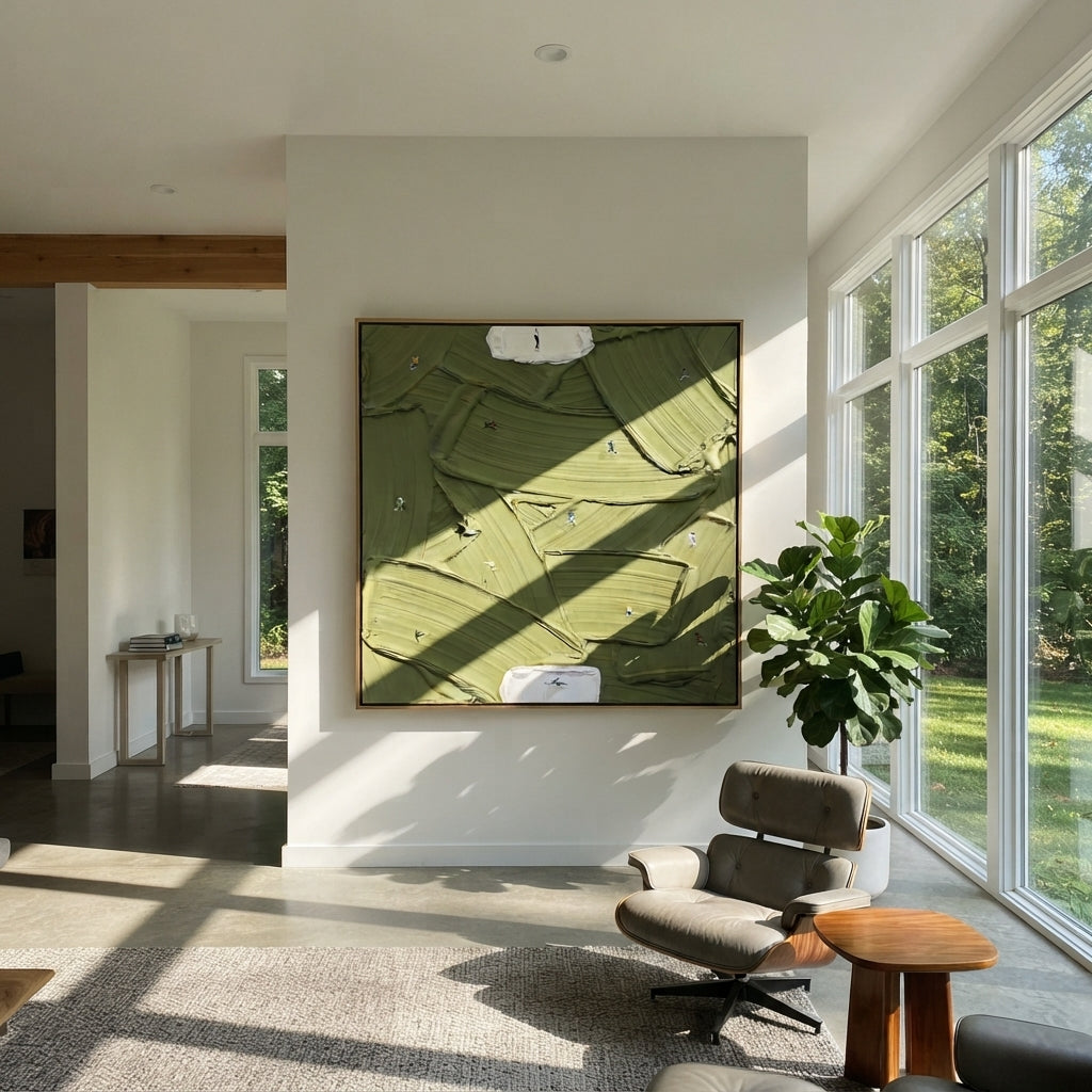 White Islands in Olive - abstract green painting shown in modern room setting 3