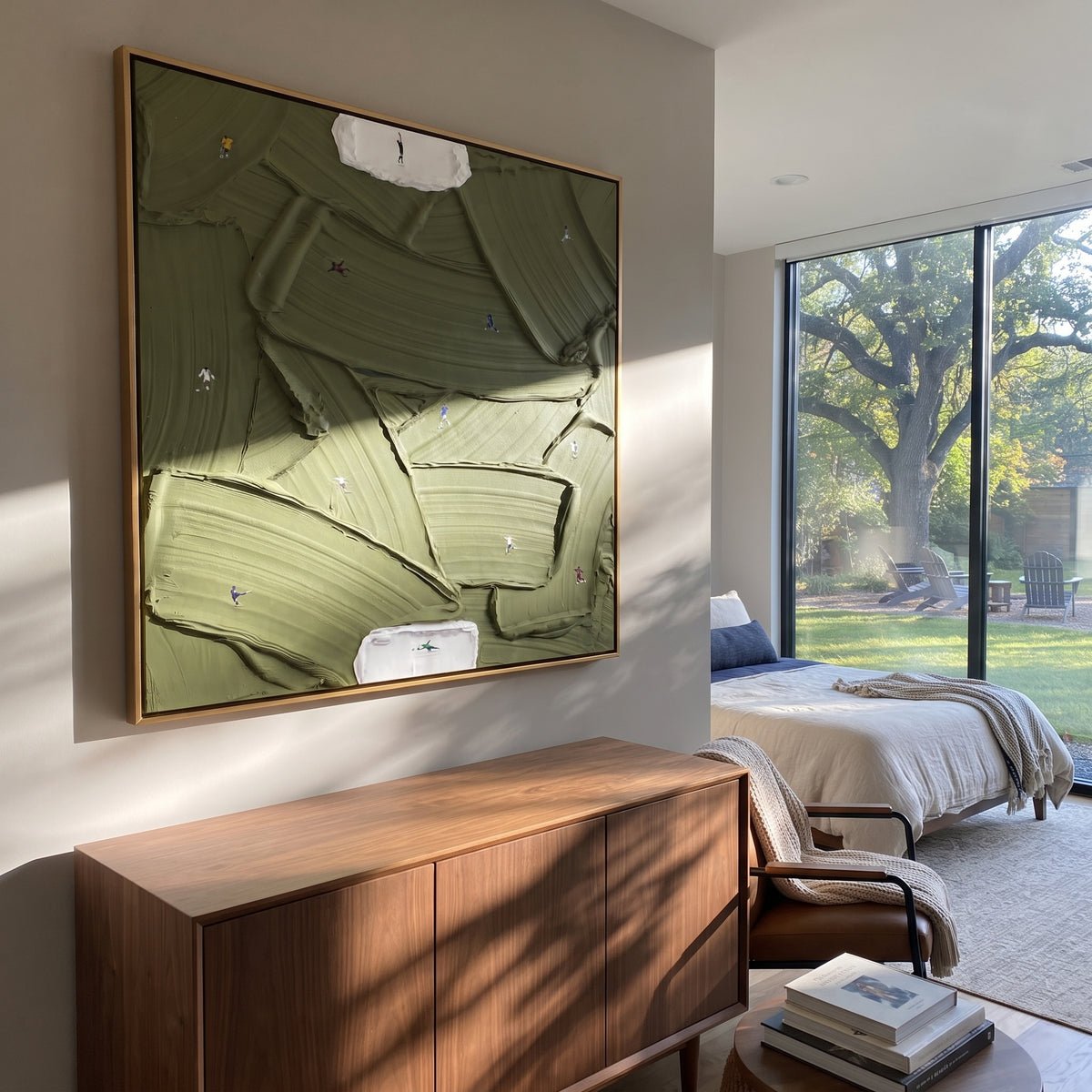 White Islands in Olive - abstract green painting shown in modern room setting 4