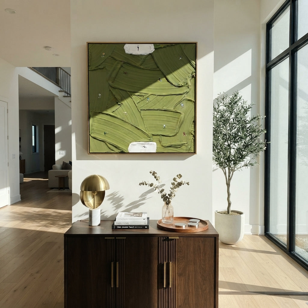 White Islands in Olive - abstract green painting shown in modern room setting 5
