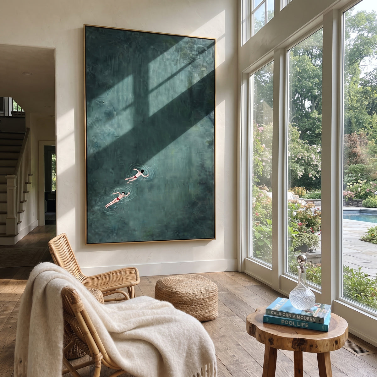 Two at Sea - swimmers painting displayed in a styled interior