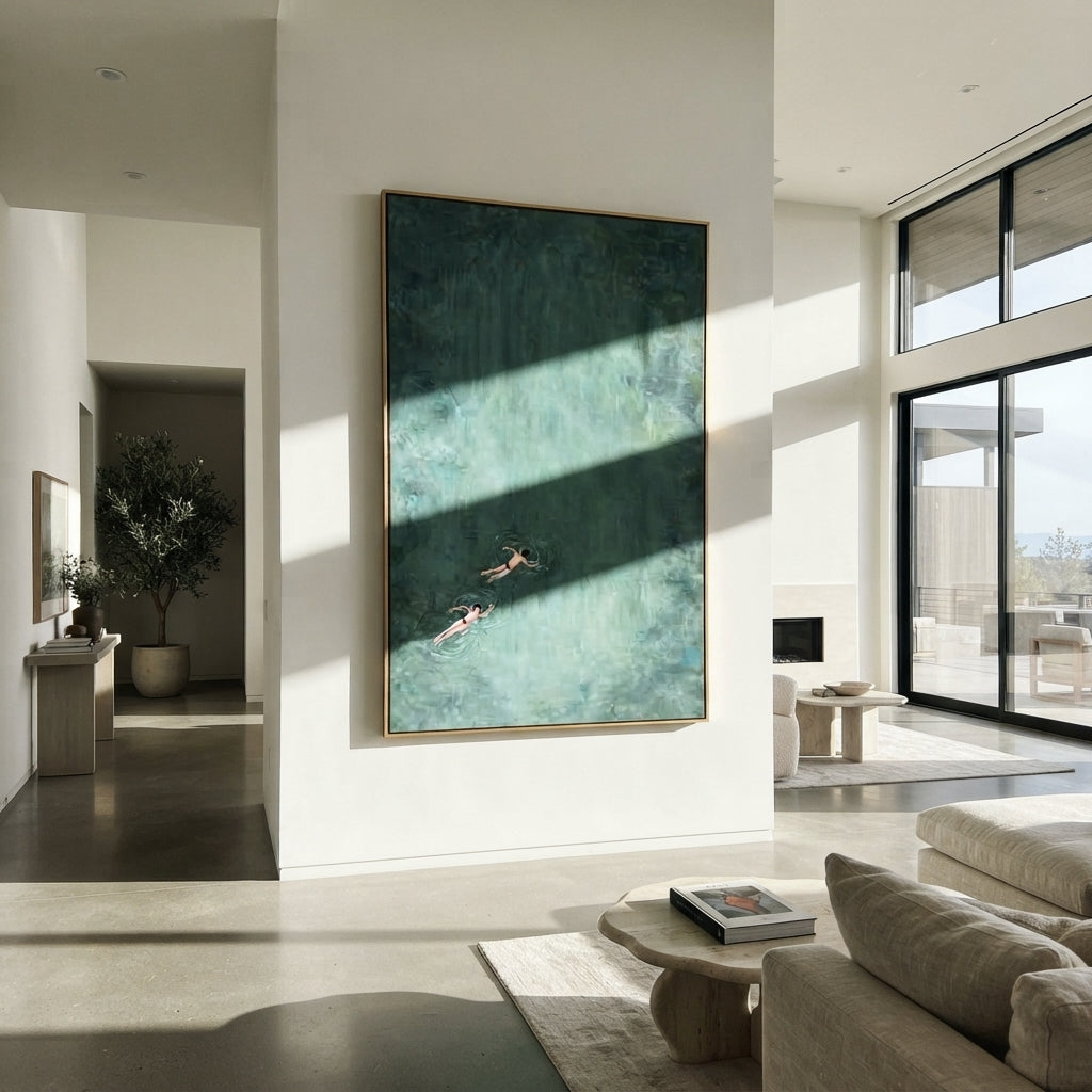 Two at Sea - swimmers painting shown in modern room setting 4