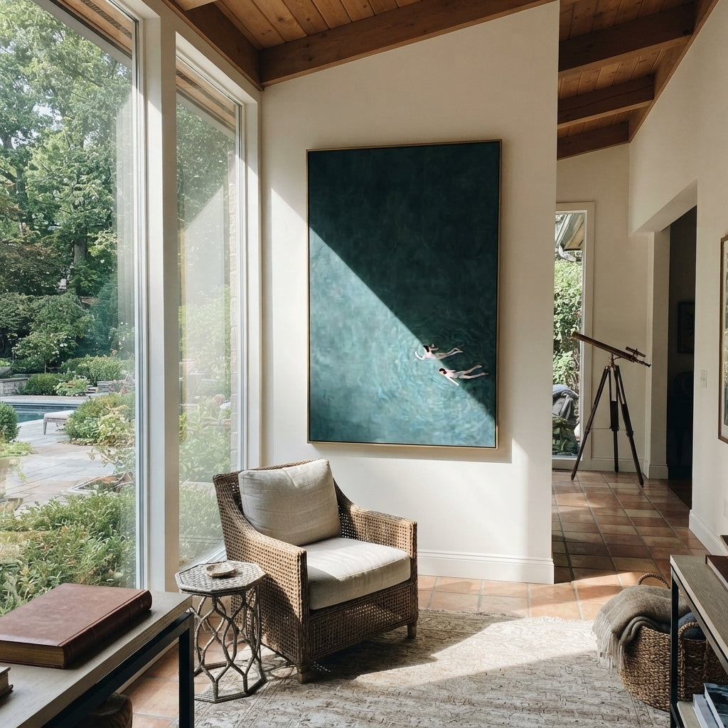 One Stroke Through Teal - swimmer painting shown in modern room setting 2