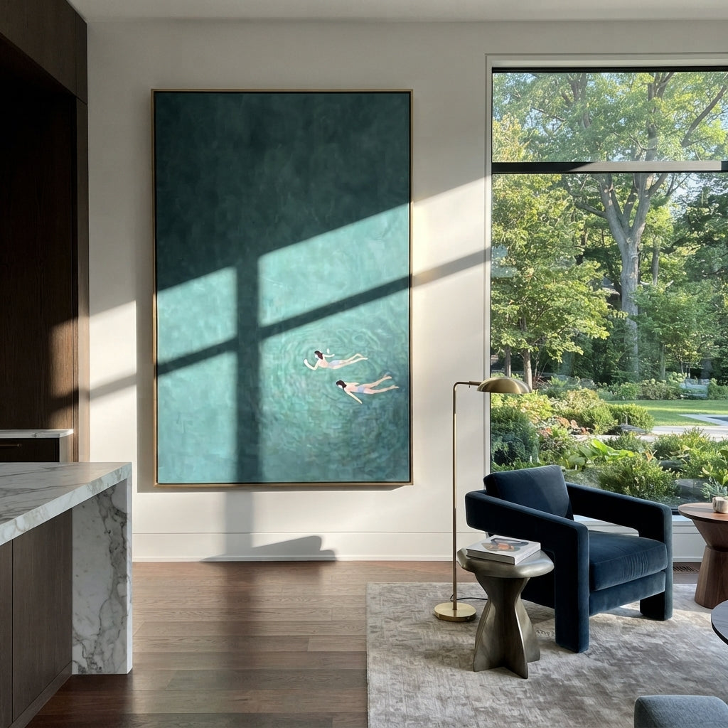 One Stroke Through Teal - swimmer painting shown in modern room setting 4