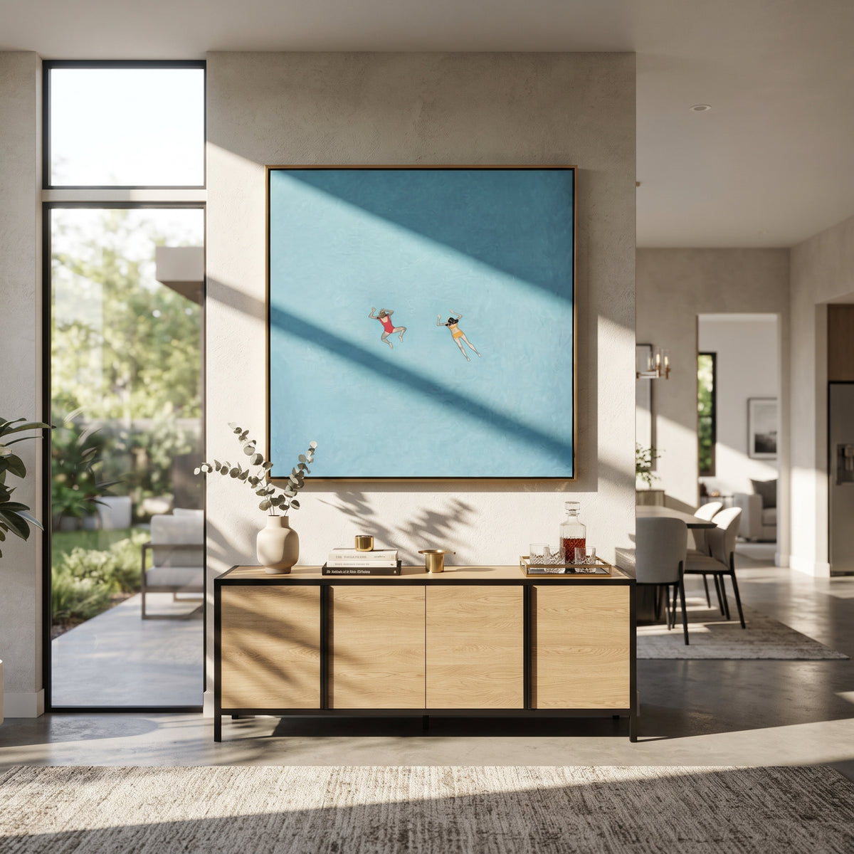 Red Caps in Blue - two swimmers painting displayed in a styled interior
