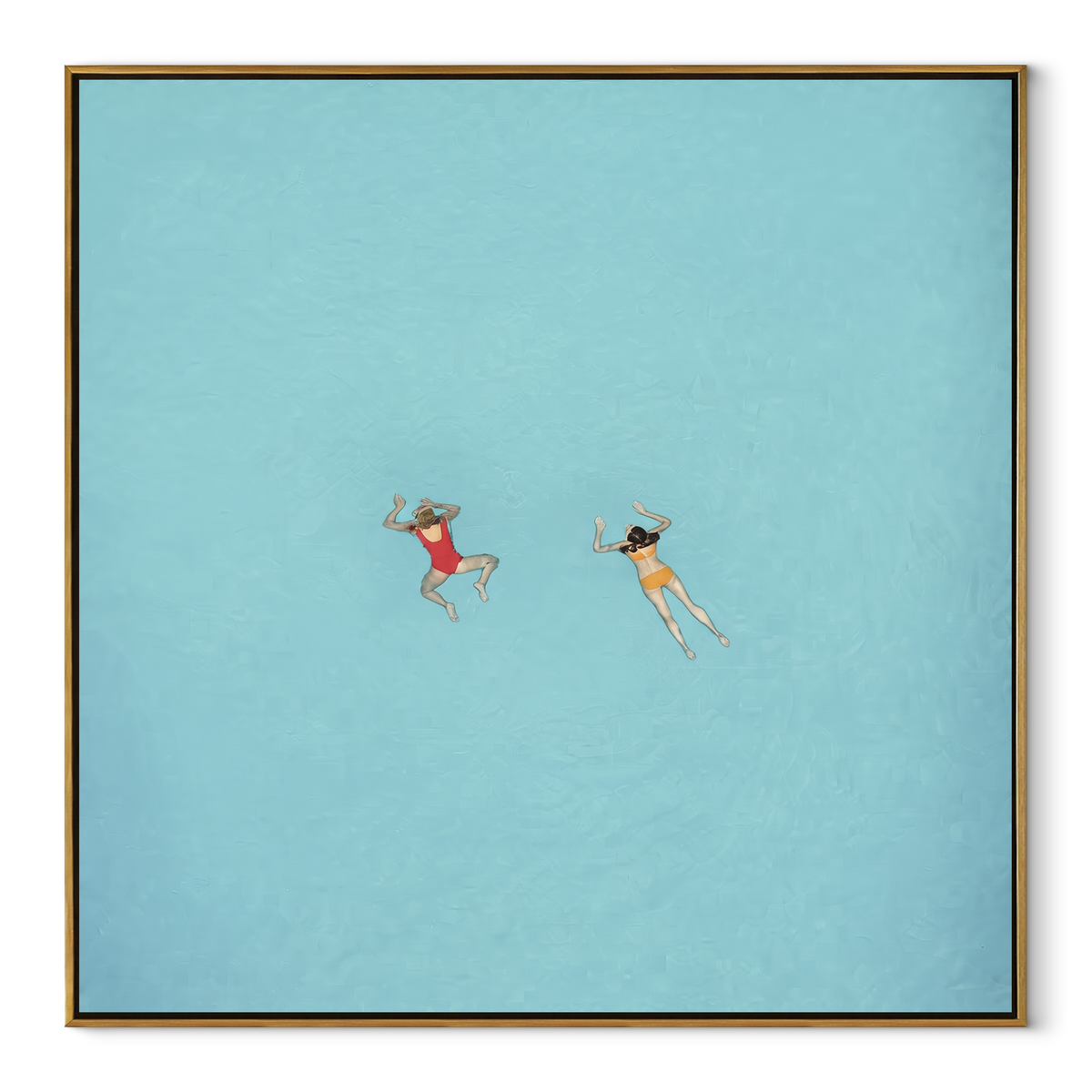Red Caps in Blue - two swimmers painting in a wood frame on white