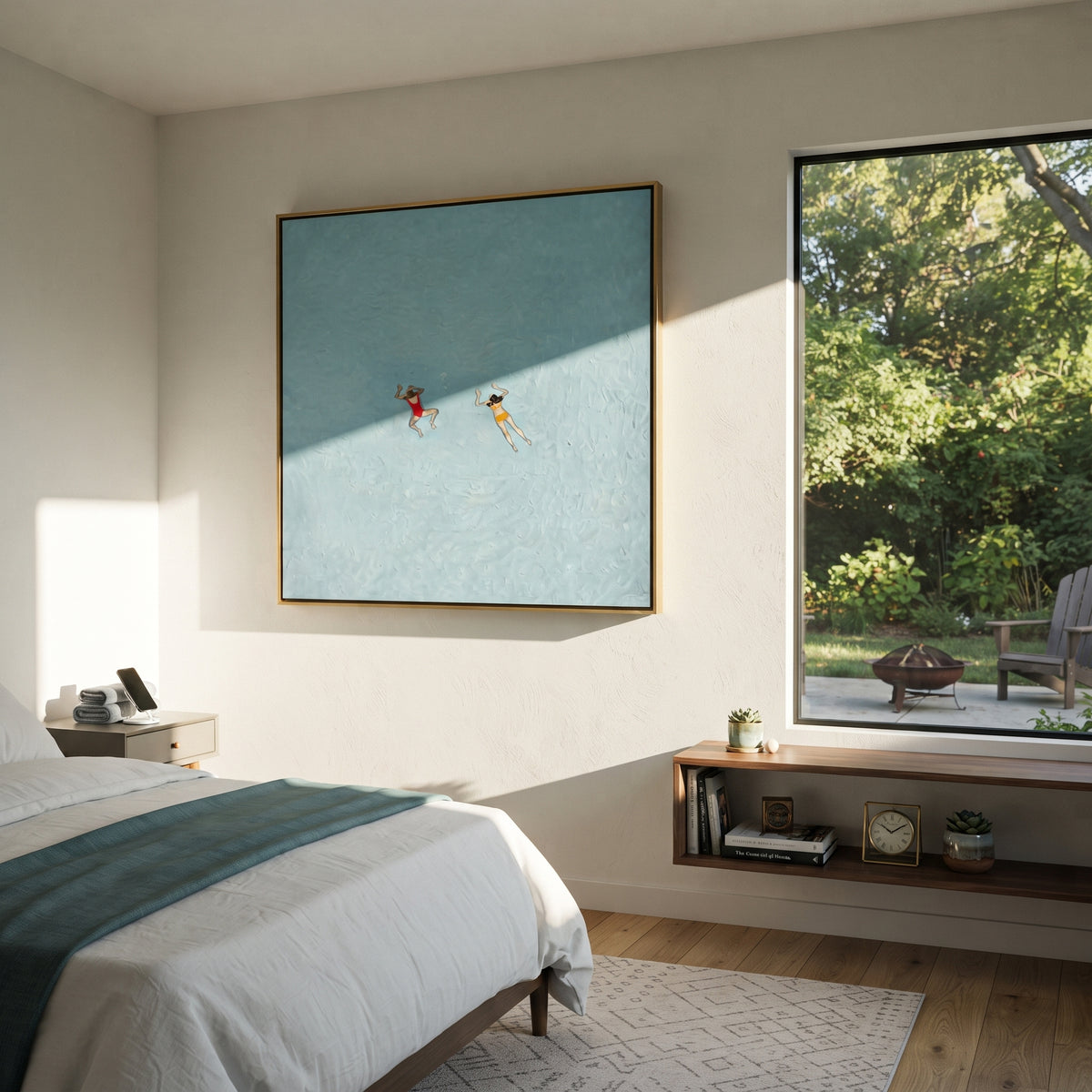 Red Caps in Blue - two swimmers painting shown in modern room setting 2