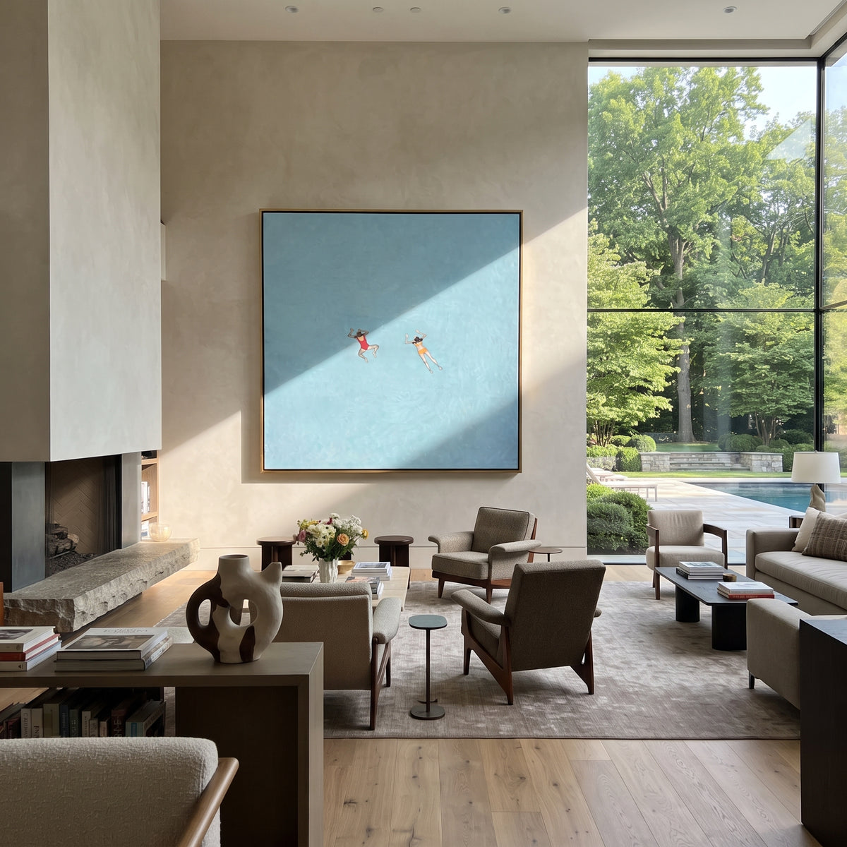 Red Caps in Blue - two swimmers painting shown in modern room setting 3