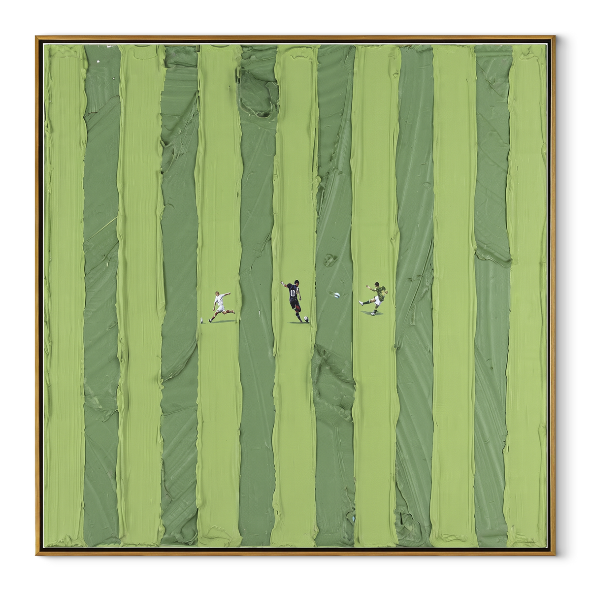 Figures Between Green Lines - walking figures painting in a wood frame on white