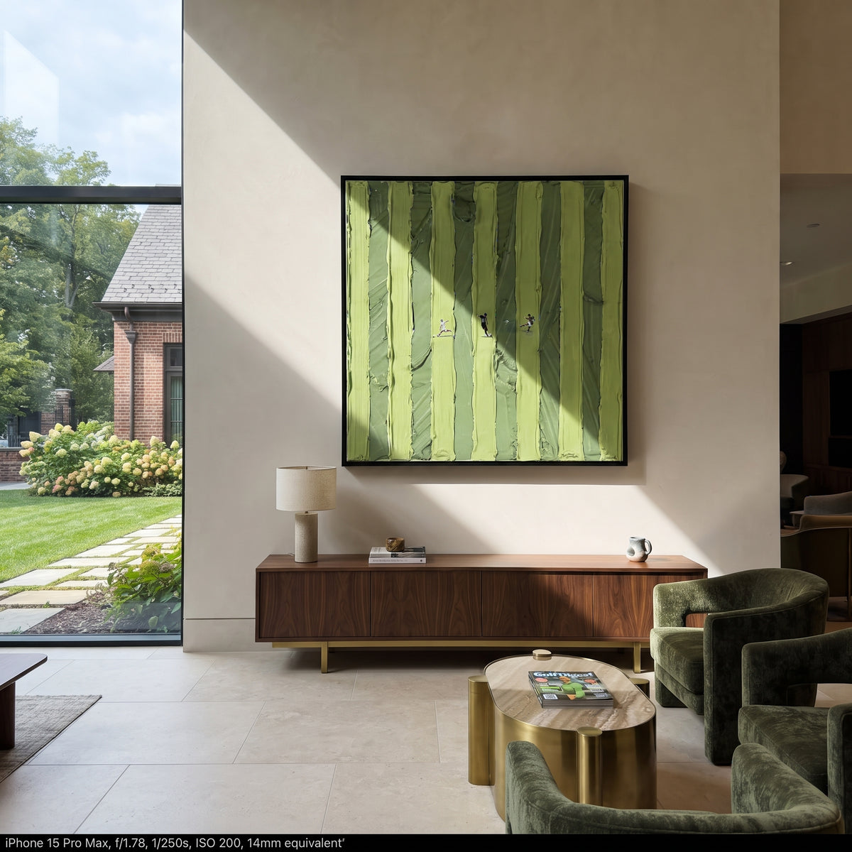 Figures Between Green Lines - walking figures painting shown in modern room setting 2