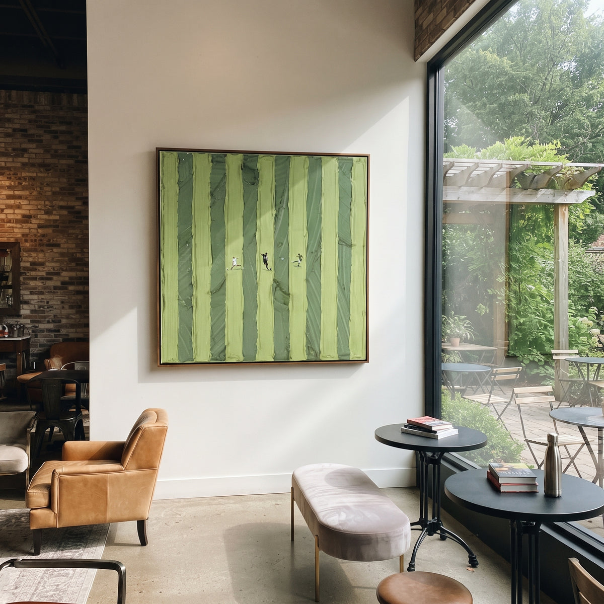 Figures Between Green Lines - walking figures painting shown in modern room setting 3