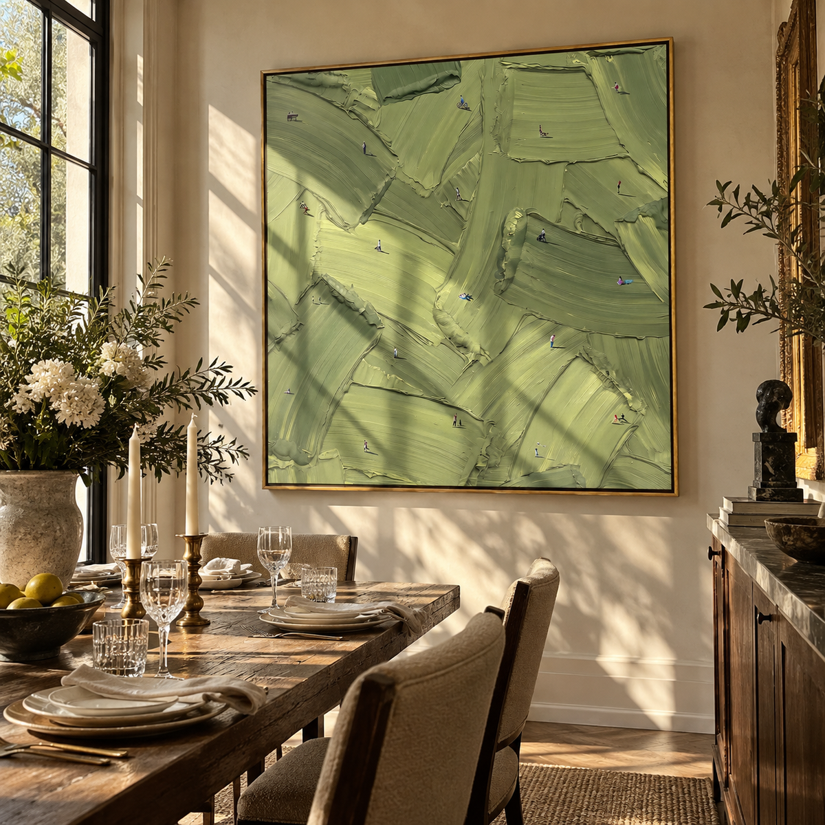 Olive Brushwork - abstract texture painting displayed in a styled interior