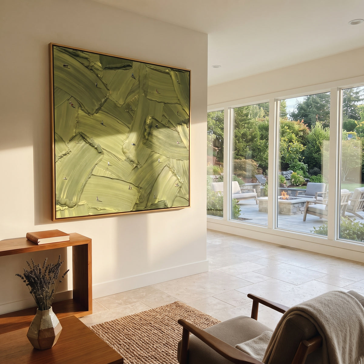 Olive Brushwork - abstract texture painting shown in modern room setting 2
