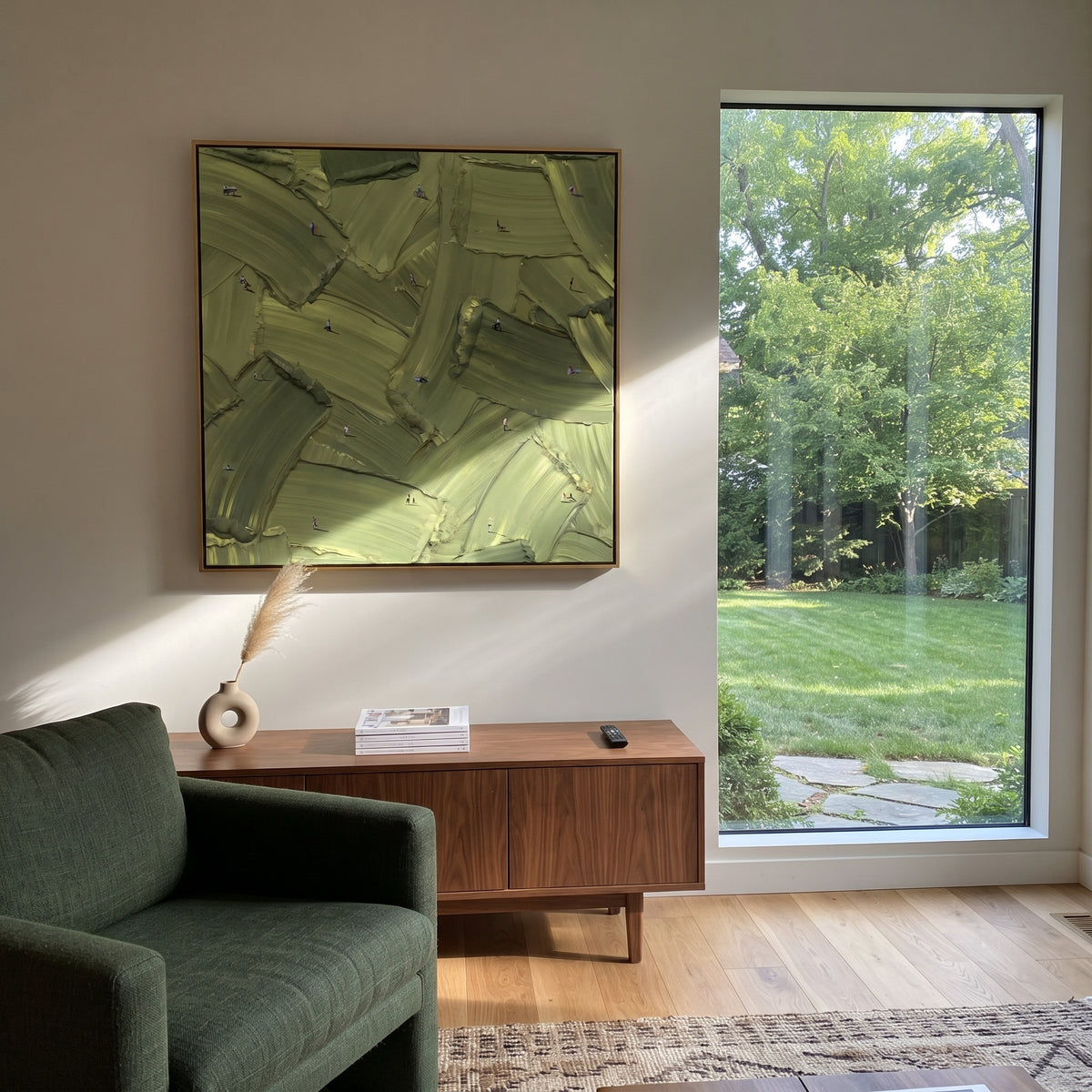 Olive Brushwork - abstract texture painting shown in modern room setting 3