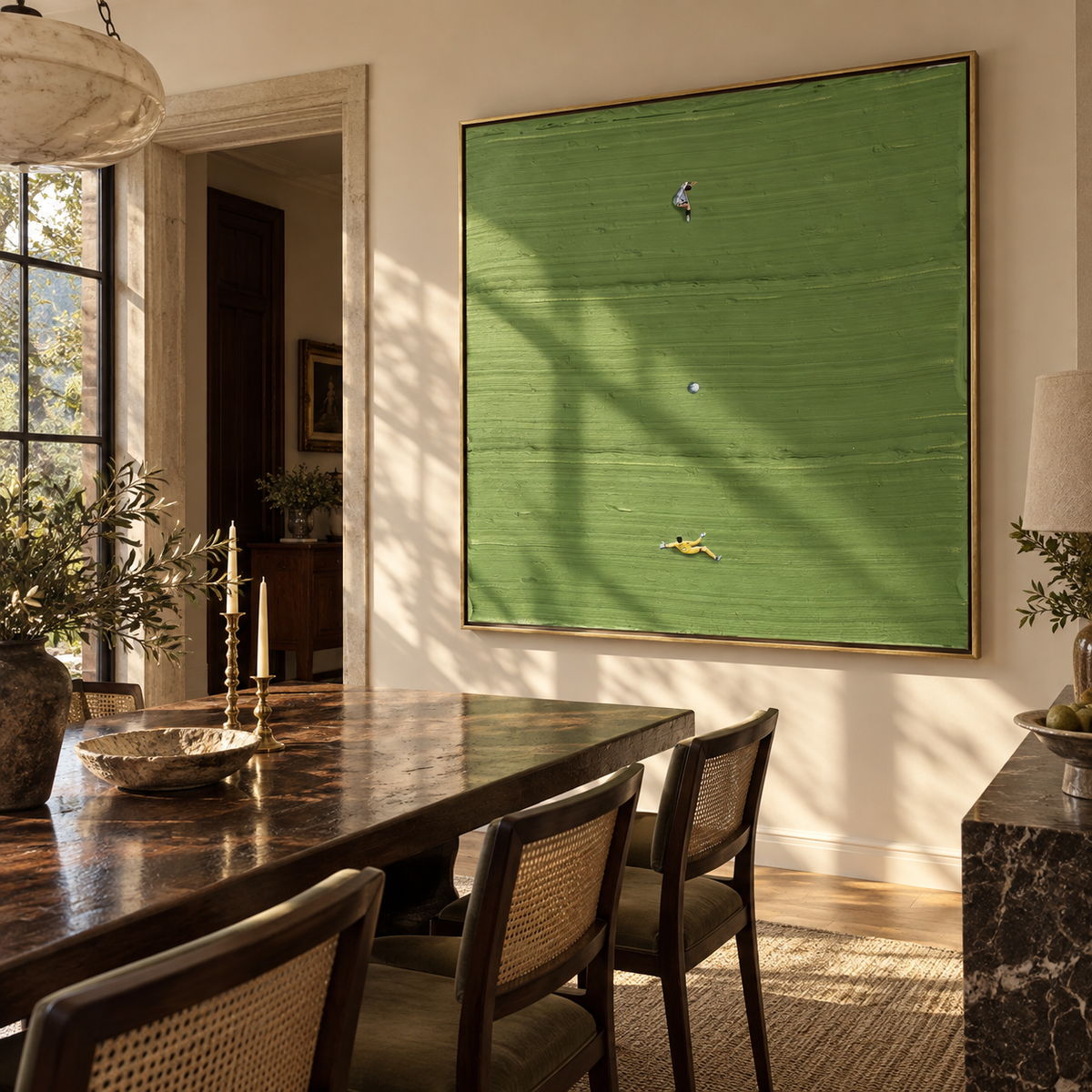 Three Across the Lawn - aerial sports painting displayed in a styled interior