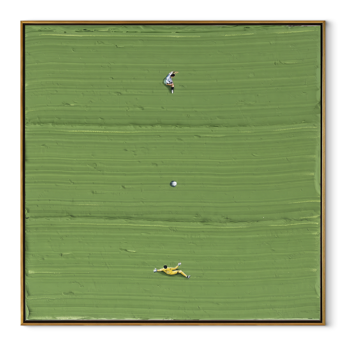 Three Across the Lawn - aerial sports painting in a wood frame on white