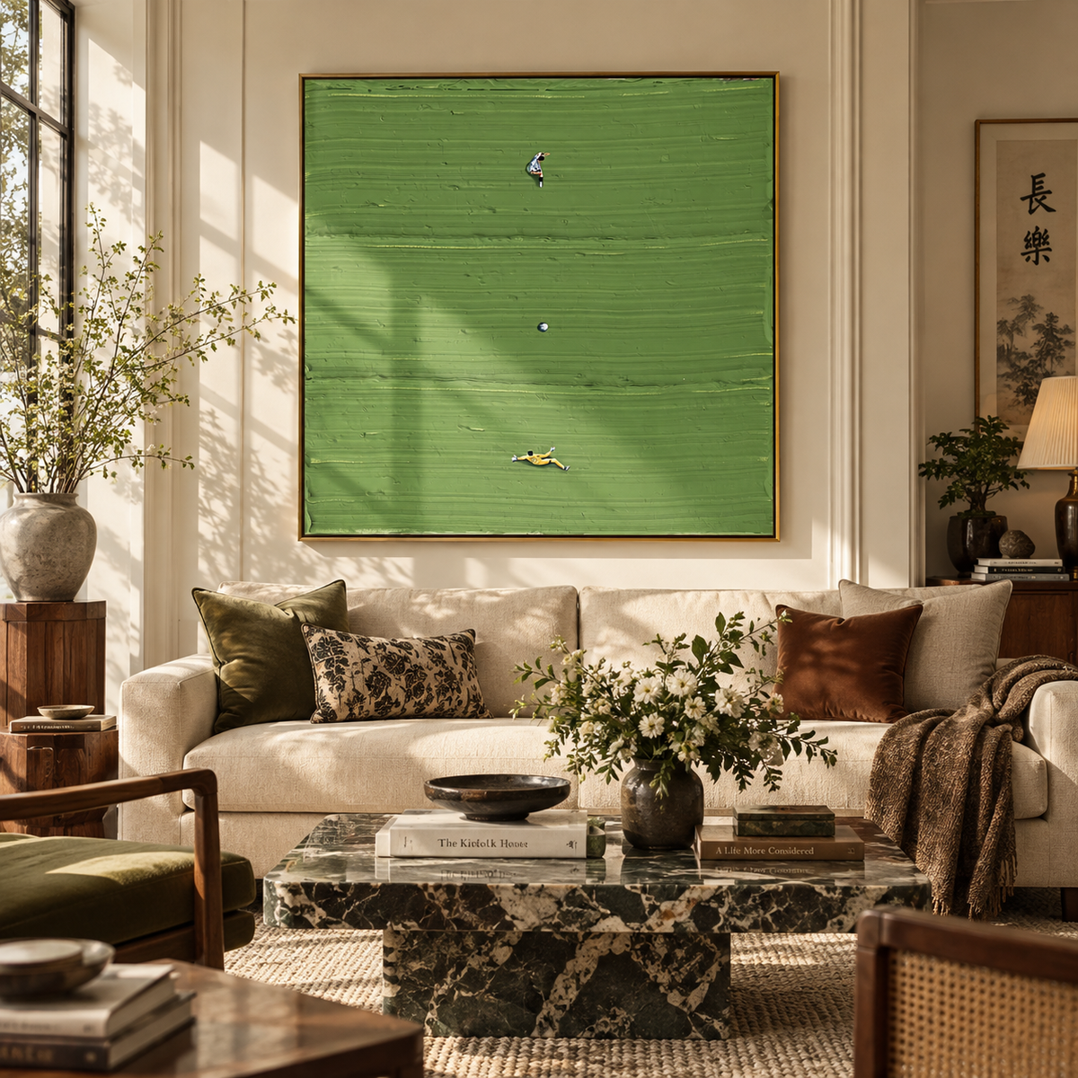 Three Across the Lawn - aerial sports painting shown in modern room setting 2