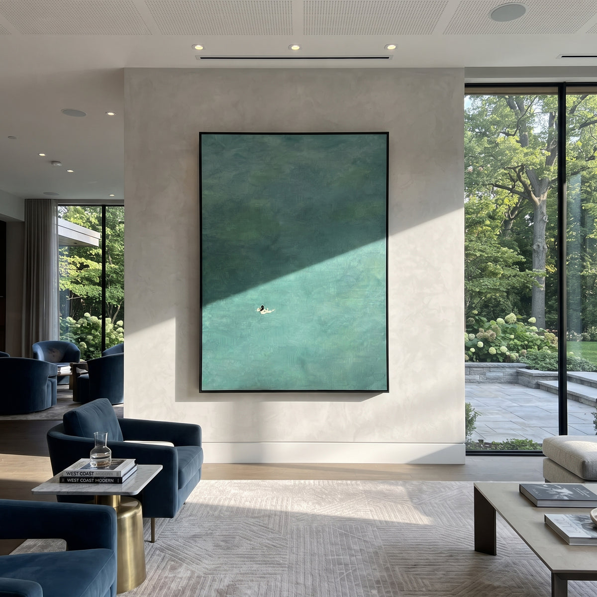Solitary Stroke - swimmer painting displayed in a styled interior