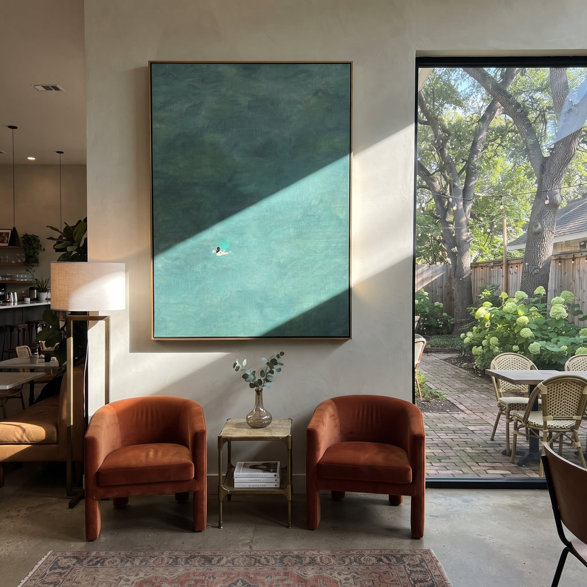 Solitary Stroke - swimmer painting shown in modern room setting 2