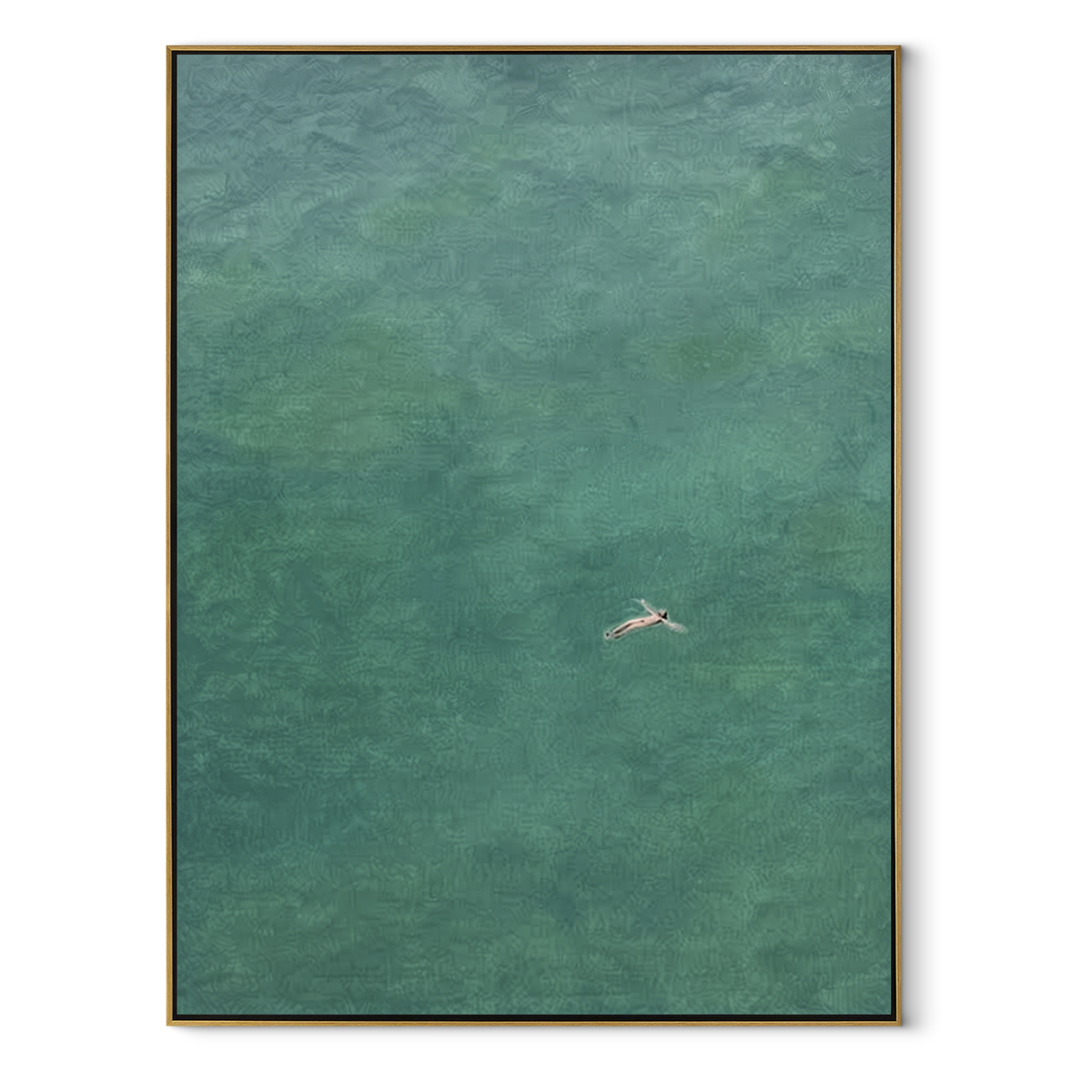 Distant Swimmer in Teal - swimmer painting in a wood frame on white