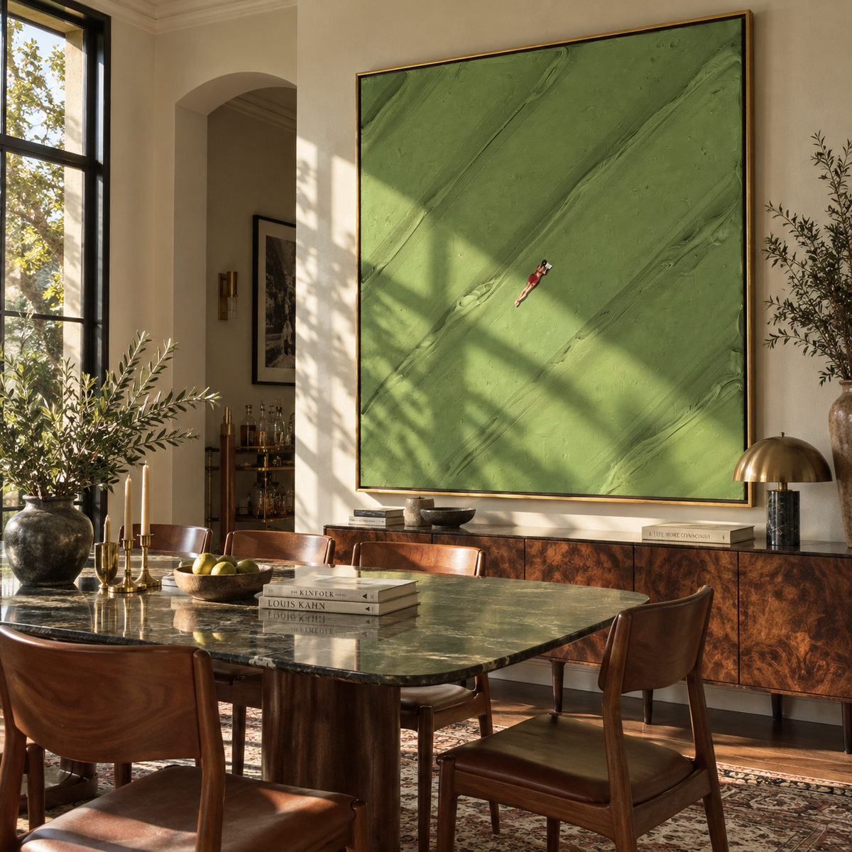 Red Figure on the Slope - minimal sports figure painting displayed in a styled interior