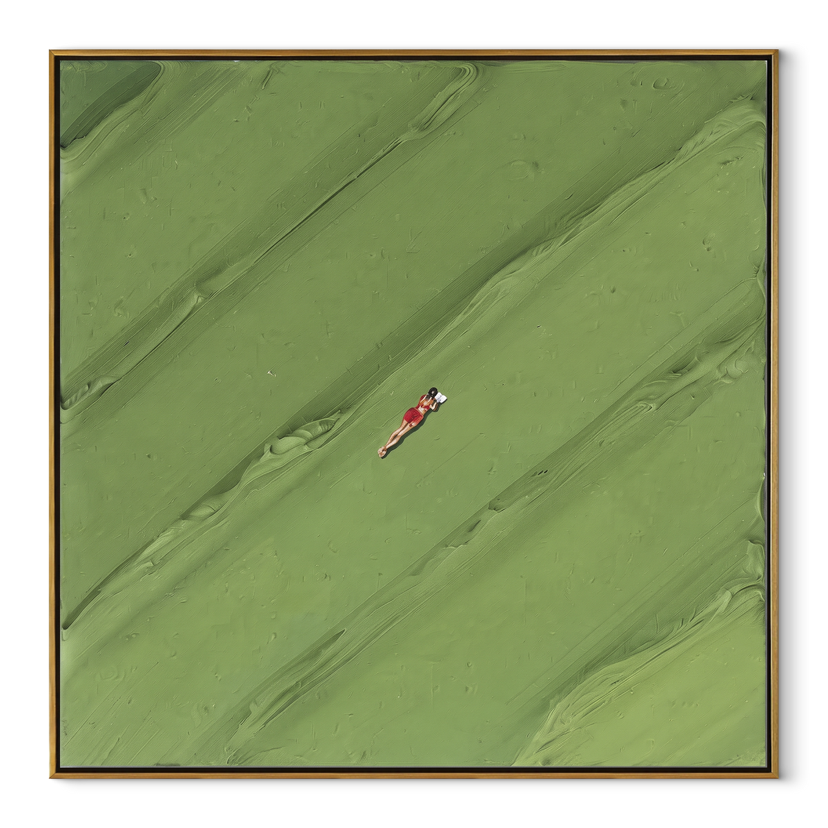 Red Figure on the Slope - minimal sports figure painting in a wood frame on white