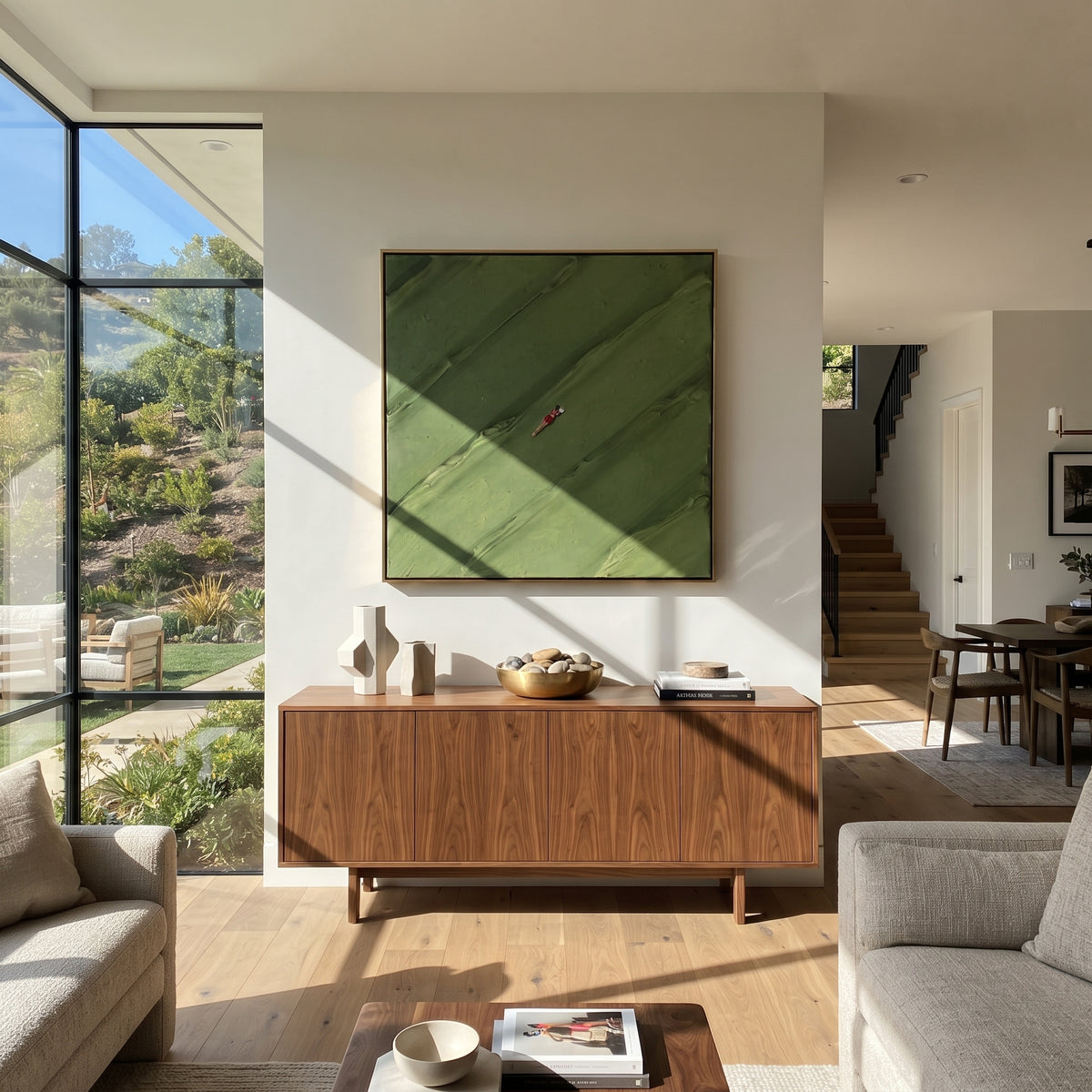 Red Figure on the Slope - minimal sports figure painting shown in modern room setting 5