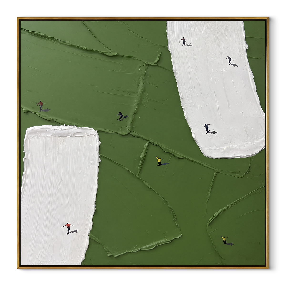 White Courts Green Field - abstract sports field painting in a wood frame on white