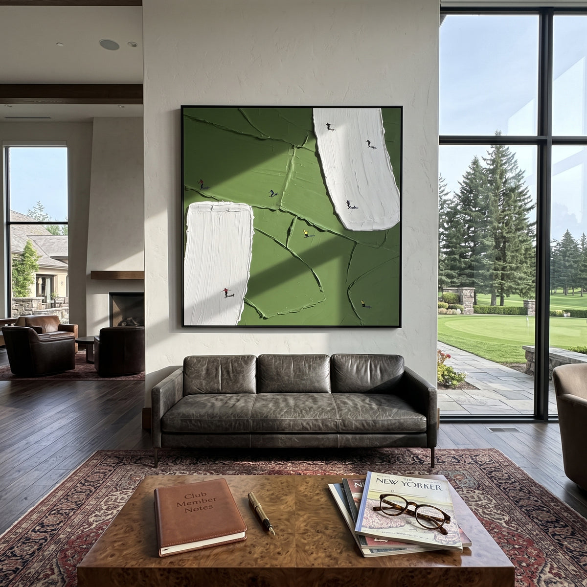 White Courts Green Field - abstract sports field painting shown in modern room setting 2