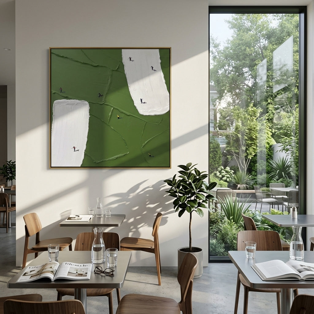 White Courts Green Field - abstract sports field painting shown in modern room setting 3