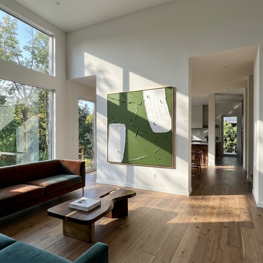 White Courts Green Field - abstract sports field painting shown in modern room setting 4