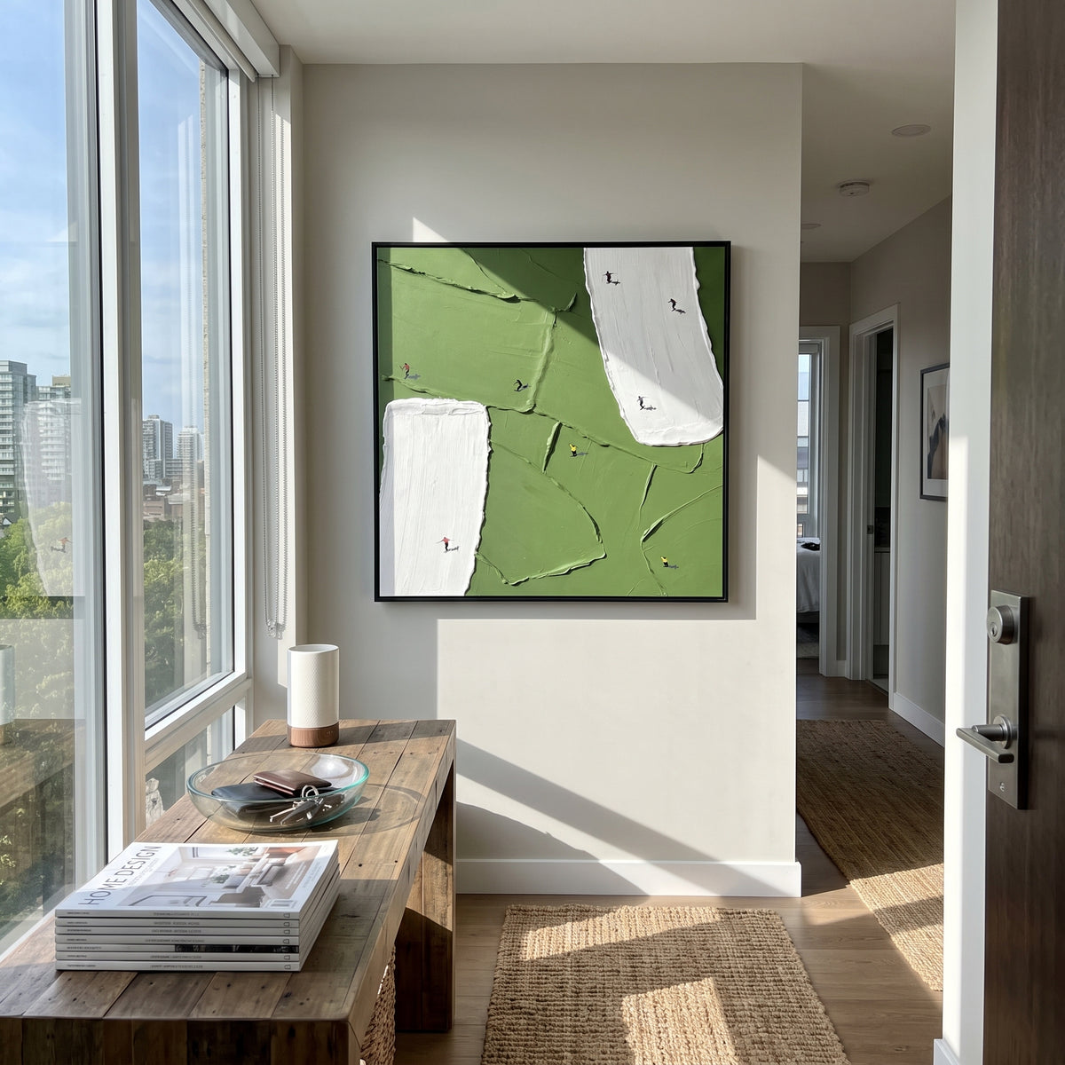 White Courts Green Field - abstract sports field painting shown in modern room setting 5