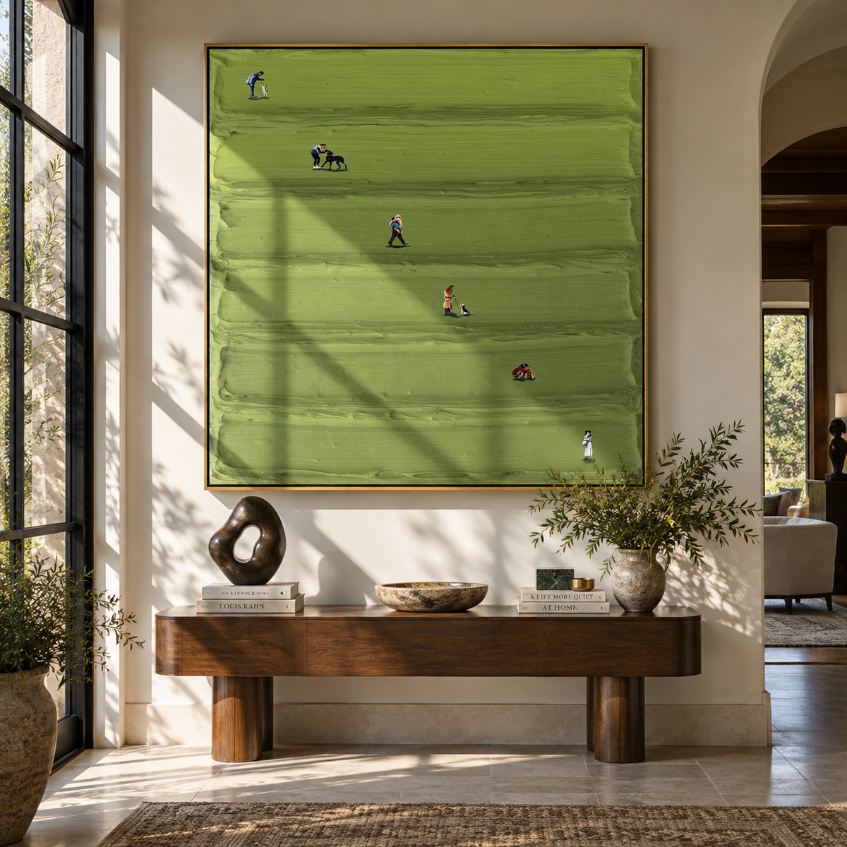 Small Games in Green - aerial sports painting shown in modern room setting 3