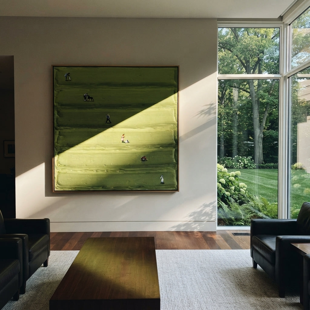 Small Games in Green - aerial sports painting shown in modern room setting 4