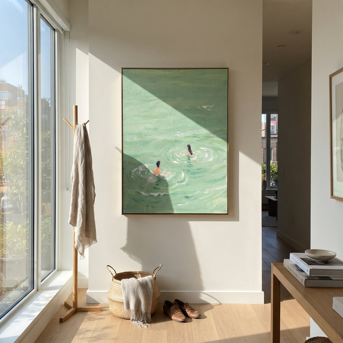 Ripples Around Her - swimmer painting shown in modern room setting 3