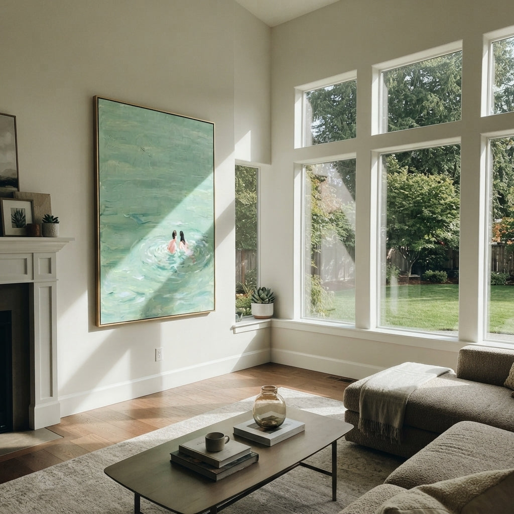 Two in Mint Water - swimmers painting shown in modern room setting 2