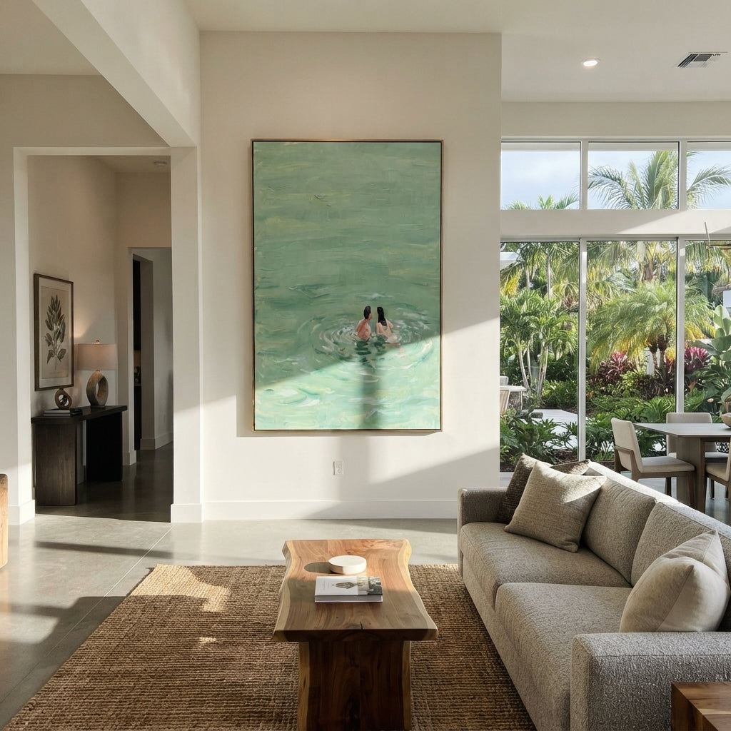 Two in Mint Water - swimmers painting shown in modern room setting 5