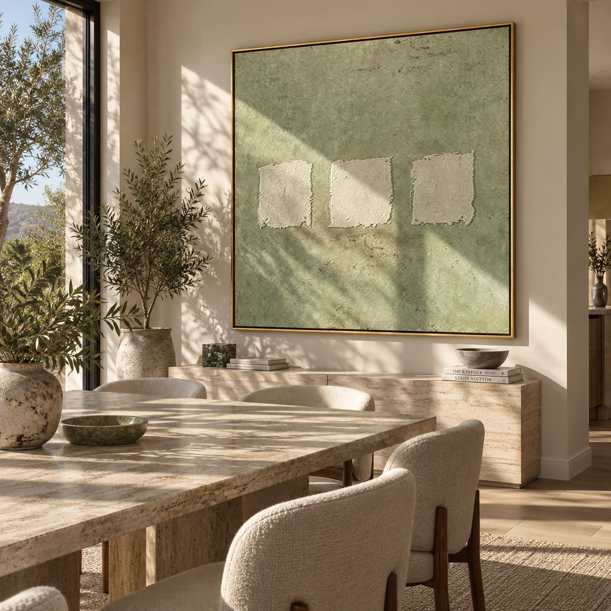 Three White Stones - minimal abstract painting displayed in a styled interior