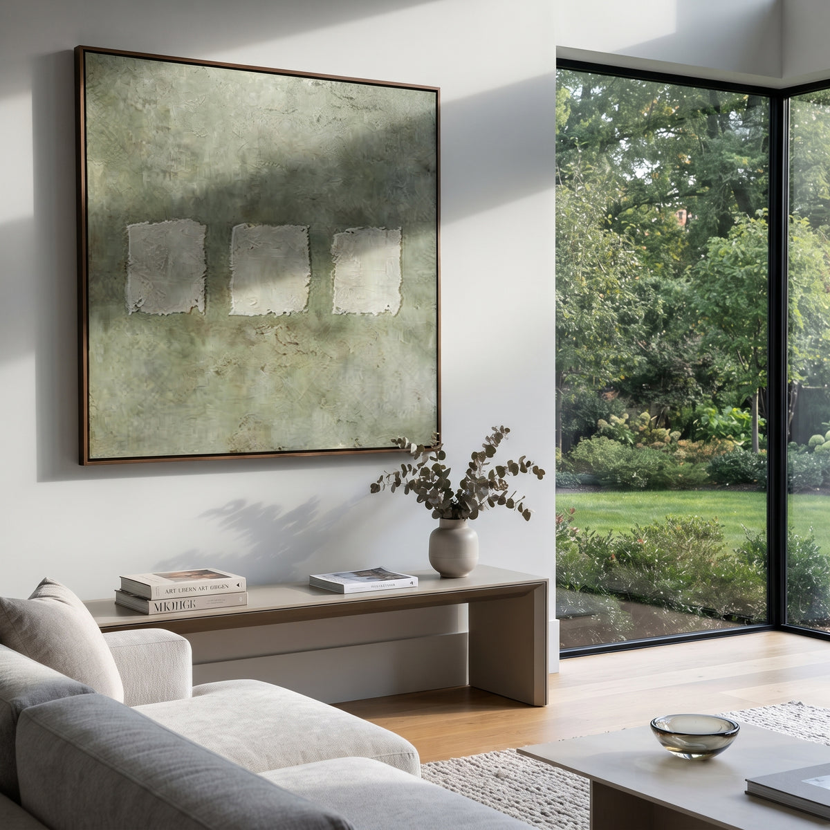 Three White Stones - minimal abstract painting shown in modern room setting 3