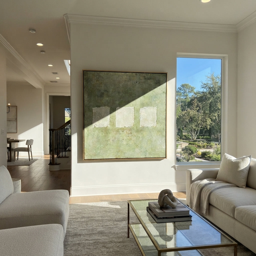 Three White Stones - minimal abstract painting shown in modern room setting 5