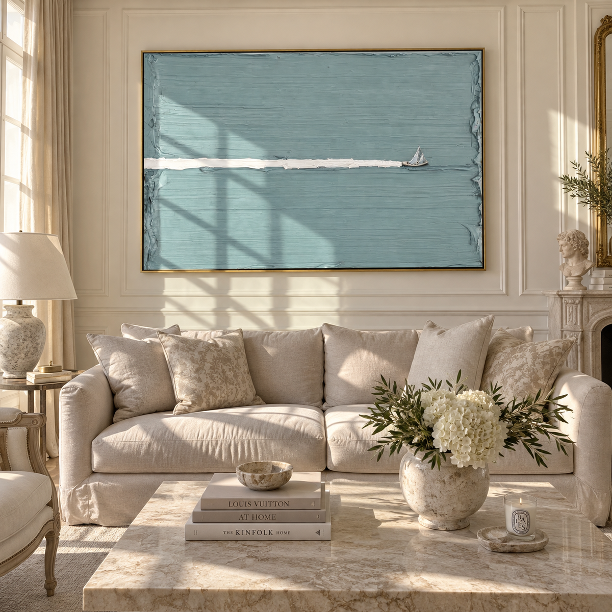 Sail Beyond the Line - minimal sailboat painting displayed in a styled interior