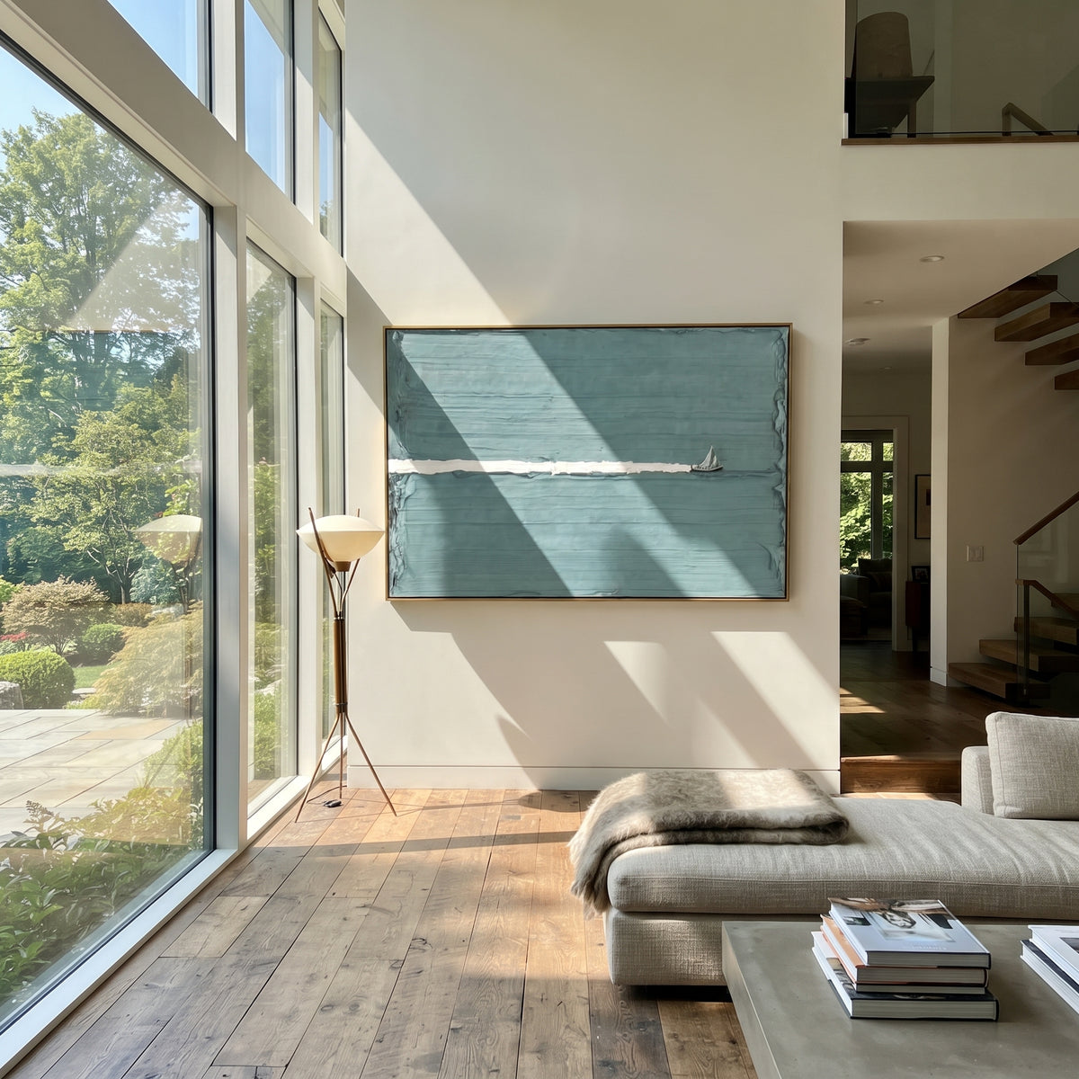 Sail Beyond the Line - minimal sailboat painting shown in modern room setting 3