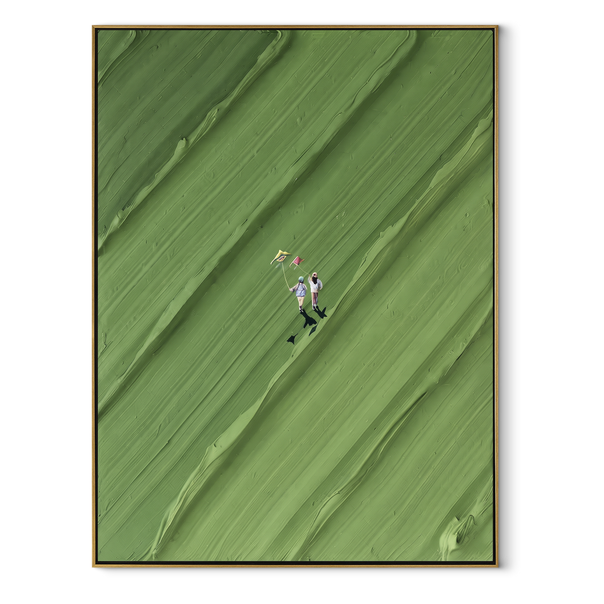 Diagonal Green Walk - walking figures painting in a wood frame on white