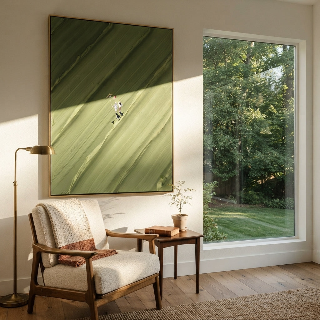 Diagonal Green Walk - walking figures painting shown in modern room setting 2