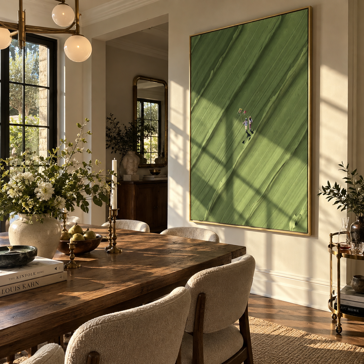 Diagonal Green Walk - walking figures painting shown in modern room setting 3