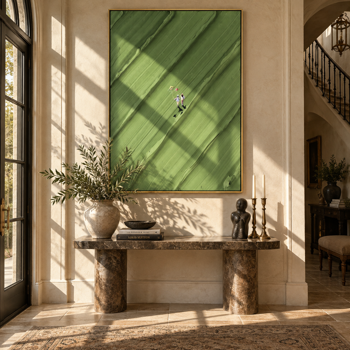 Diagonal Green Walk - walking figures painting shown in modern room setting 5