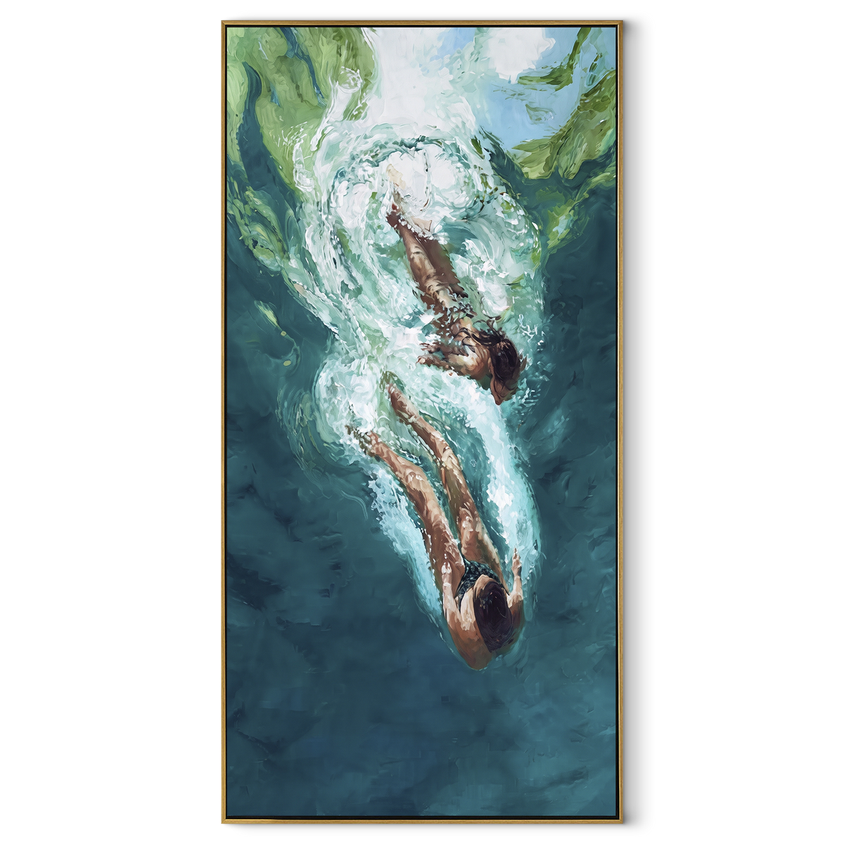 Into the Deep Current - diving swimmer painting in a wood frame on white
